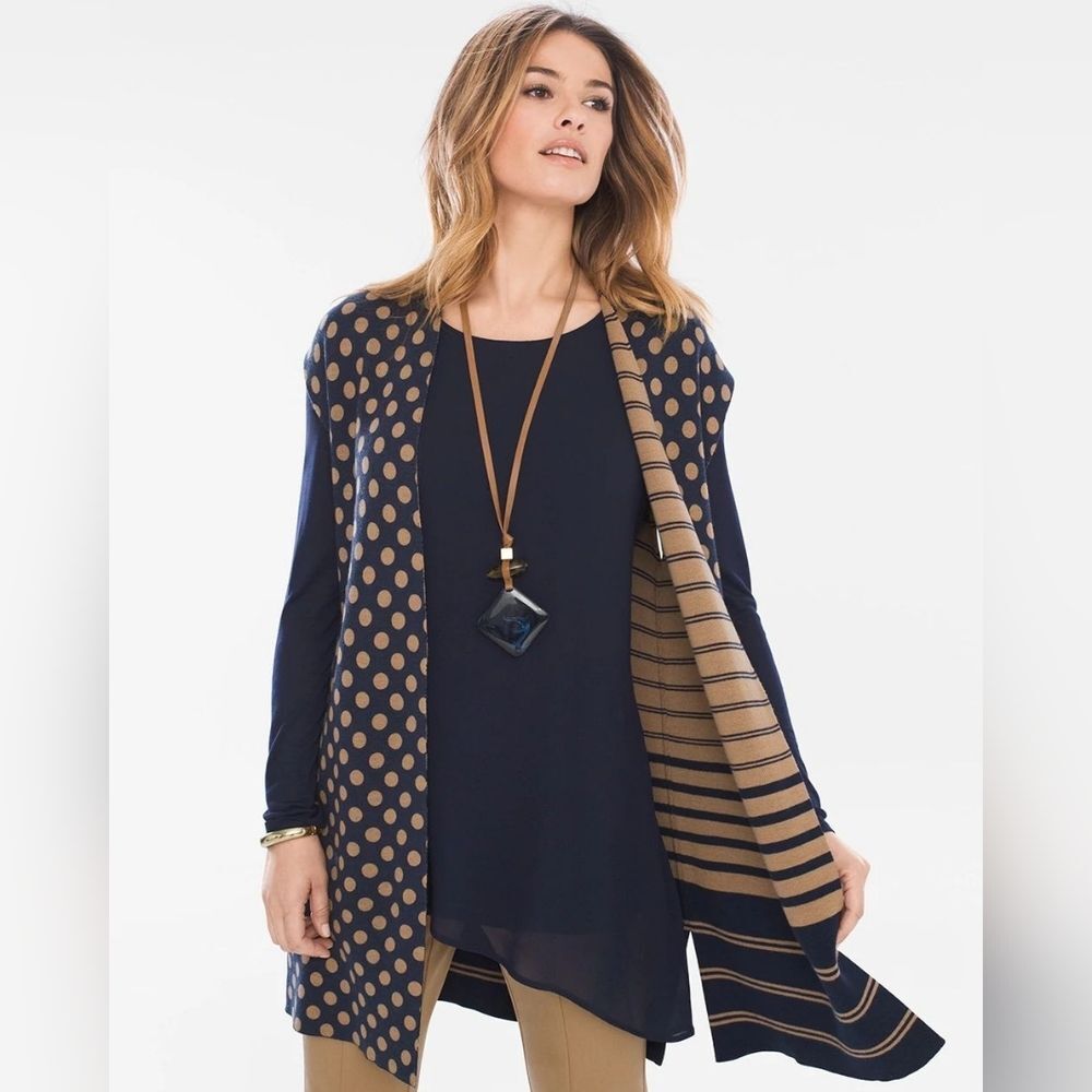 Chico's Dot Striped Brown Navy Reversible Sleeveless Cardigan Vest Size Large